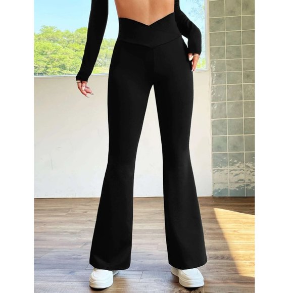 SHEIN EZwear Overlap Waist Flare Leg Pants in Black Size S (4) NWOT - Picture 1 of 7